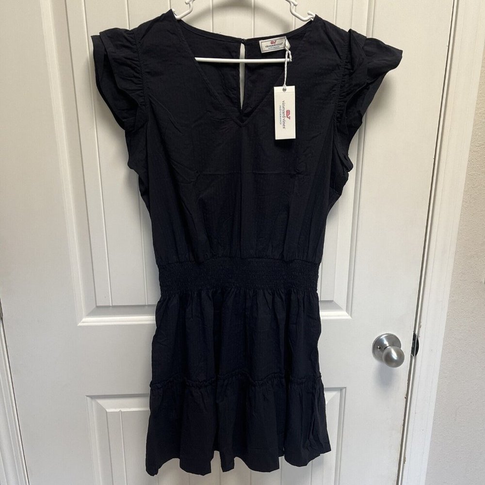 Vineyard Vines Performance Dress L Black Harbor Smocked Waist Dress Tiered New